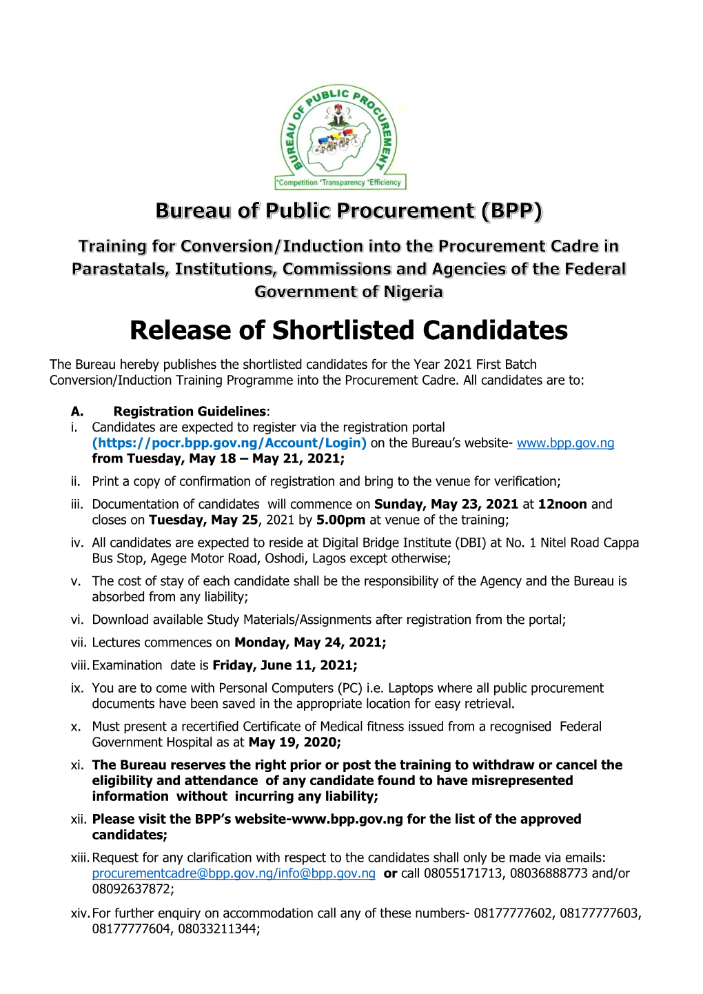 Release of Shortlisted Candidates