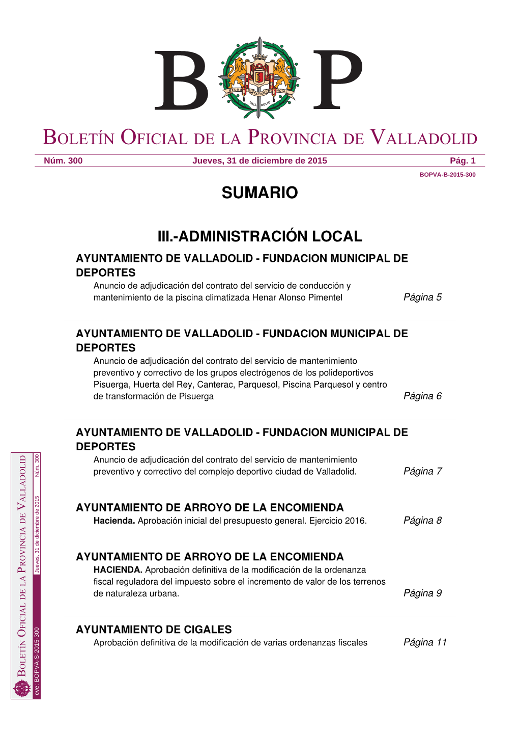 Sumario Boletín Oficial De La Provincia De Valladolid