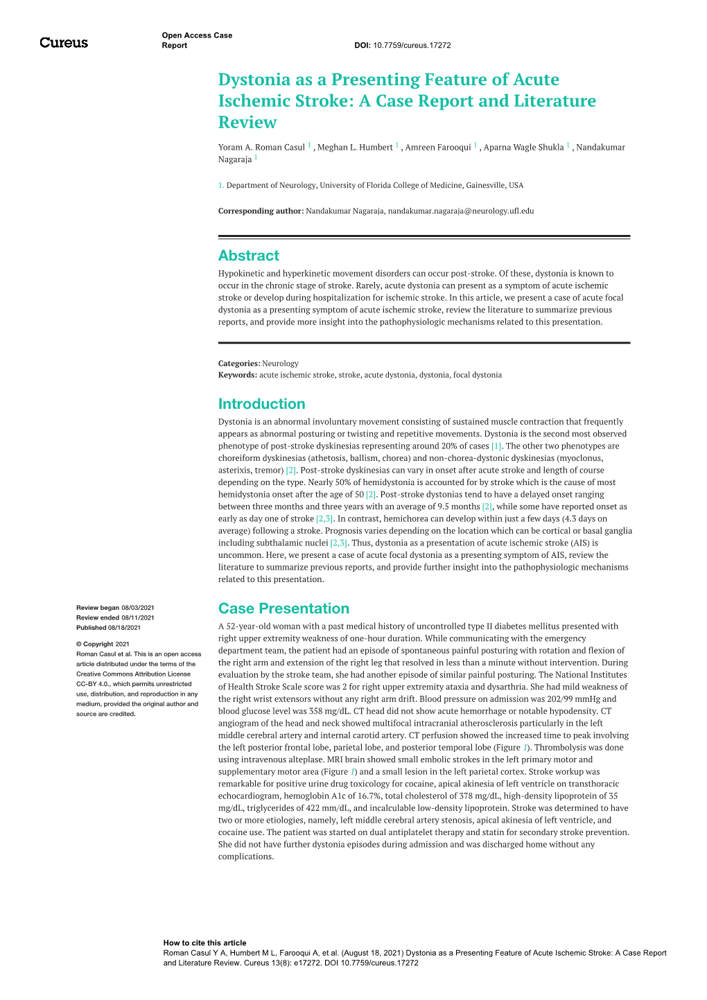 Dystonia As a Presenting Feature of Acute Ischemic Stroke: a Case Report and Literature Review