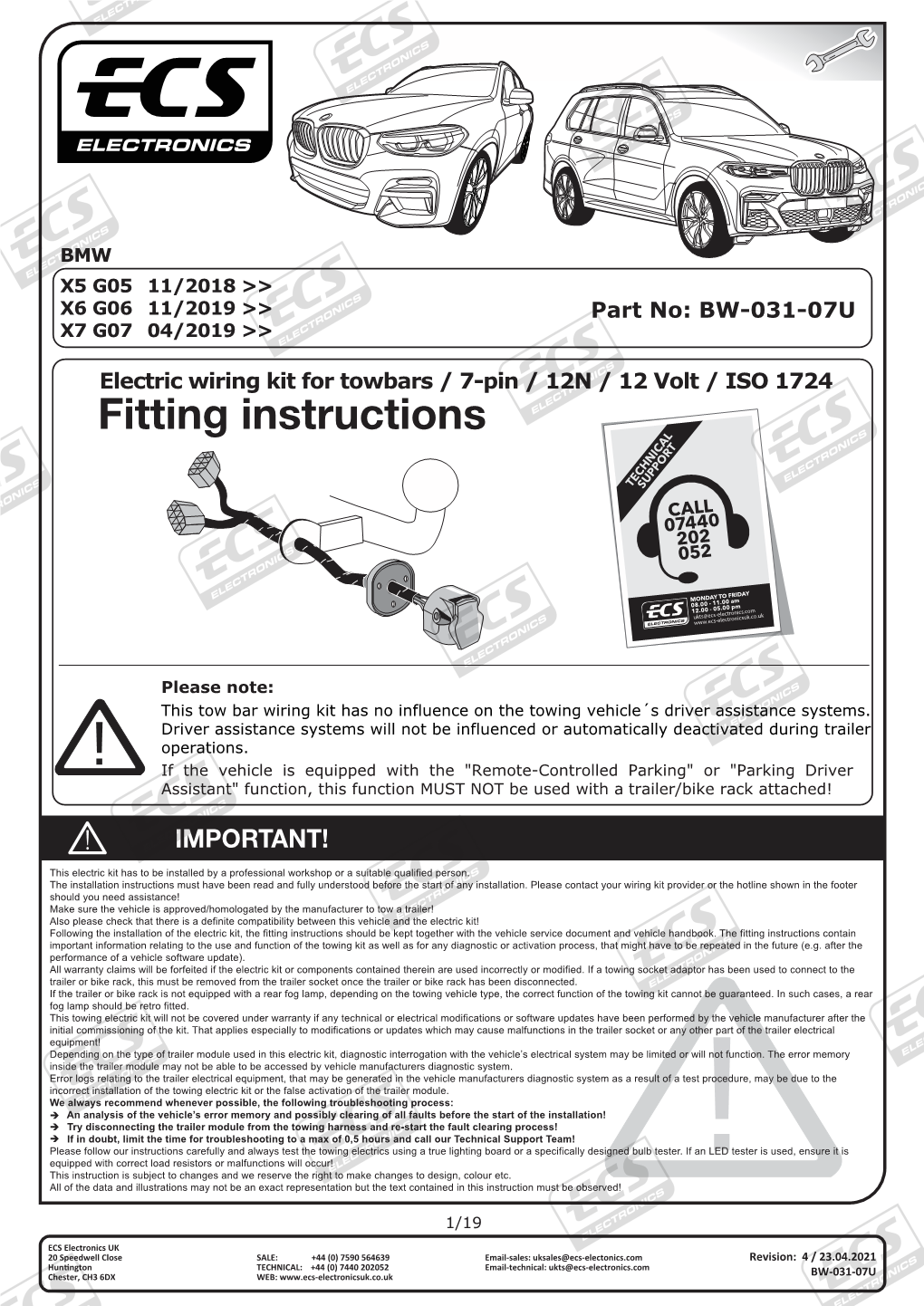 Part No: BW-031-07U Electric Wiring Kit for Towbars / 7-Pin / 12N / 12