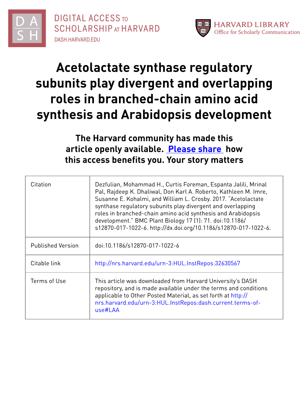 Acetolactate Synthase Regulatory Subunits Play Divergent and Overlapping Roles in Branched-Chain Amino Acid Synthesis and Arabidopsis Development