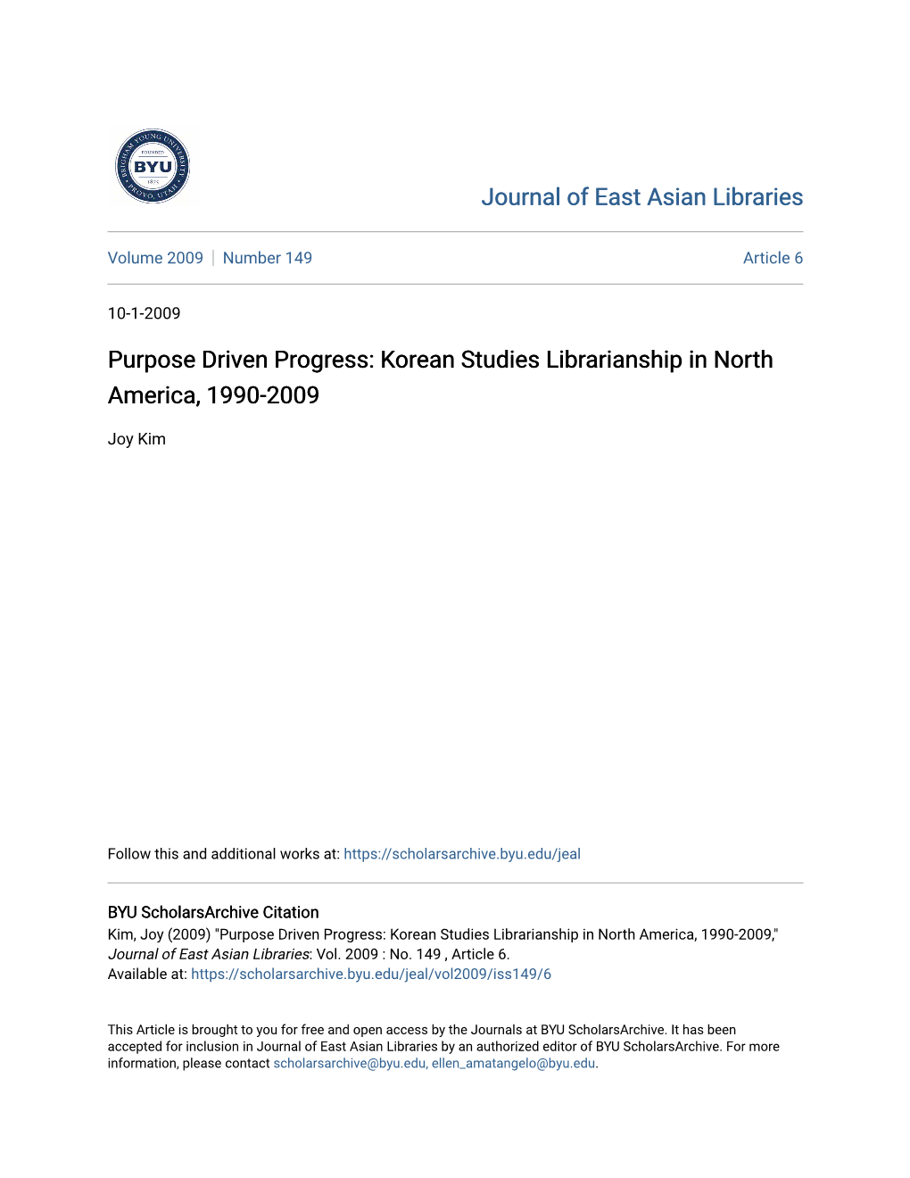 Korean Studies Librarianship in North America, 1990-2009