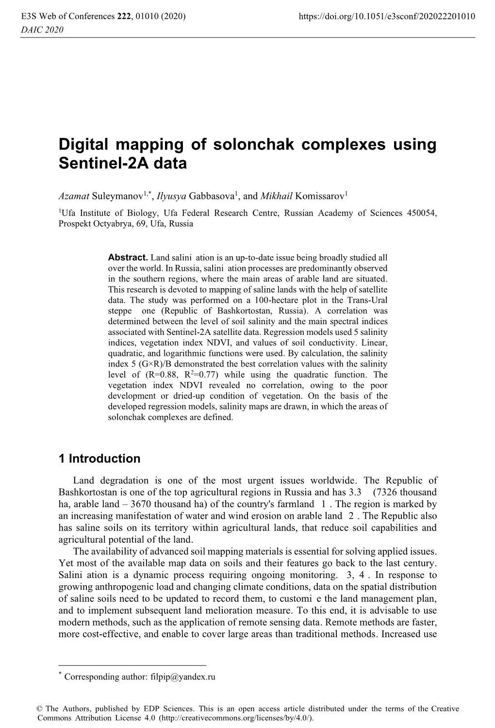 Digital Mapping of Solonchak Complexes Using Sentinel-2A Data