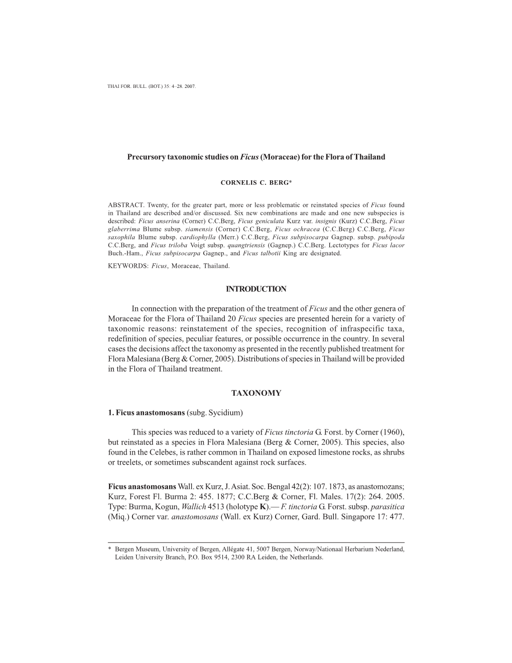 Precursory Taxonomic Studies on Ficus(Moraceae)