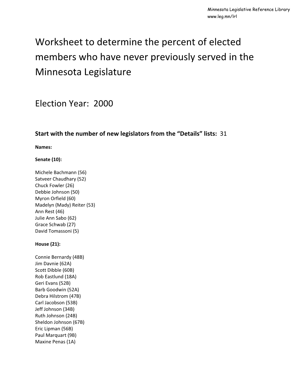 Worksheet to Determine the Percent of Elected Members Who Have Never Previously Served in the Minnesota Legislature