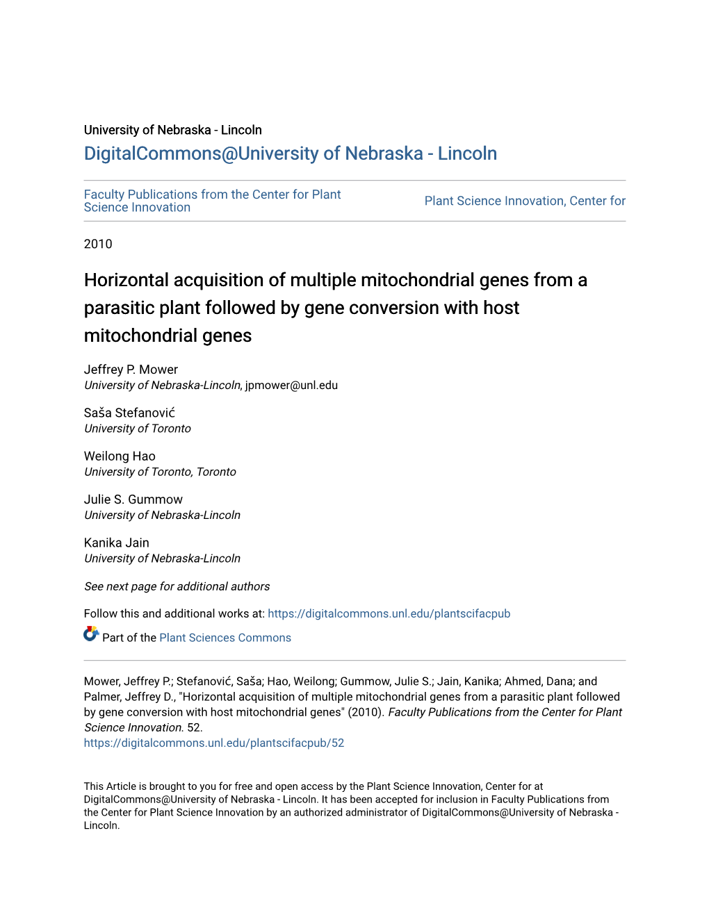 Horizontal Acquisition of Multiple Mitochondrial Genes from a Parasitic Plant Followed by Gene Conversion with Host Mitochondrial Genes