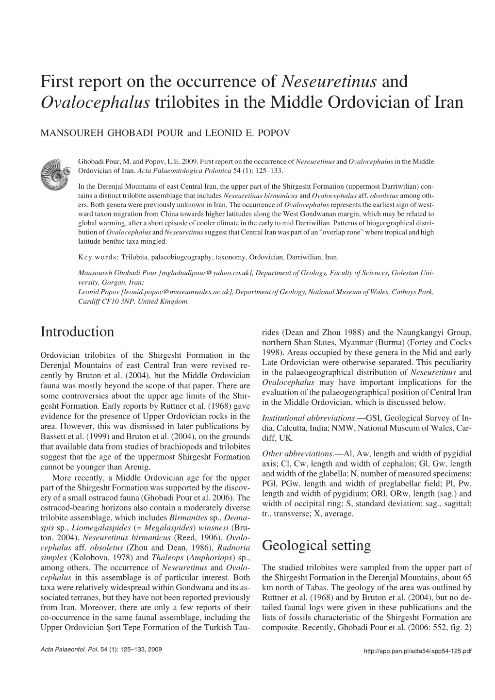 First Report on the Occurrence of Neseuretinus and Ovalocephalus Trilobites in the Middle Ordovician of Iran