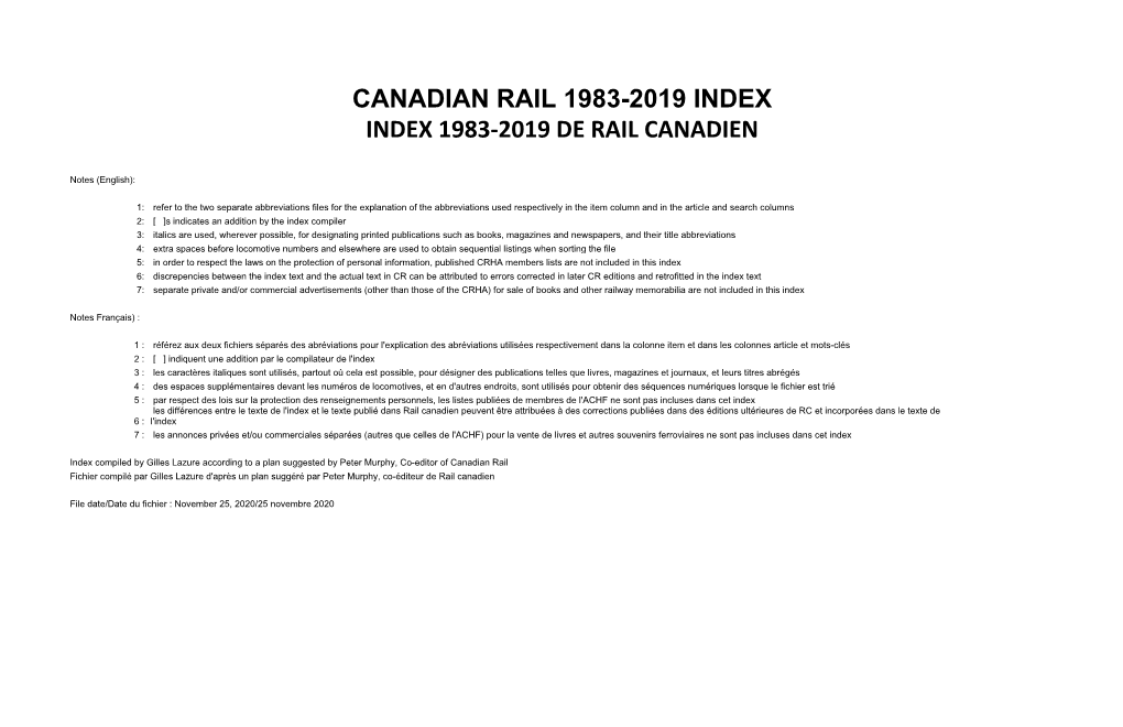 Canadian Rail 1983-2019 Index Index 1983-2019 De Rail Canadien