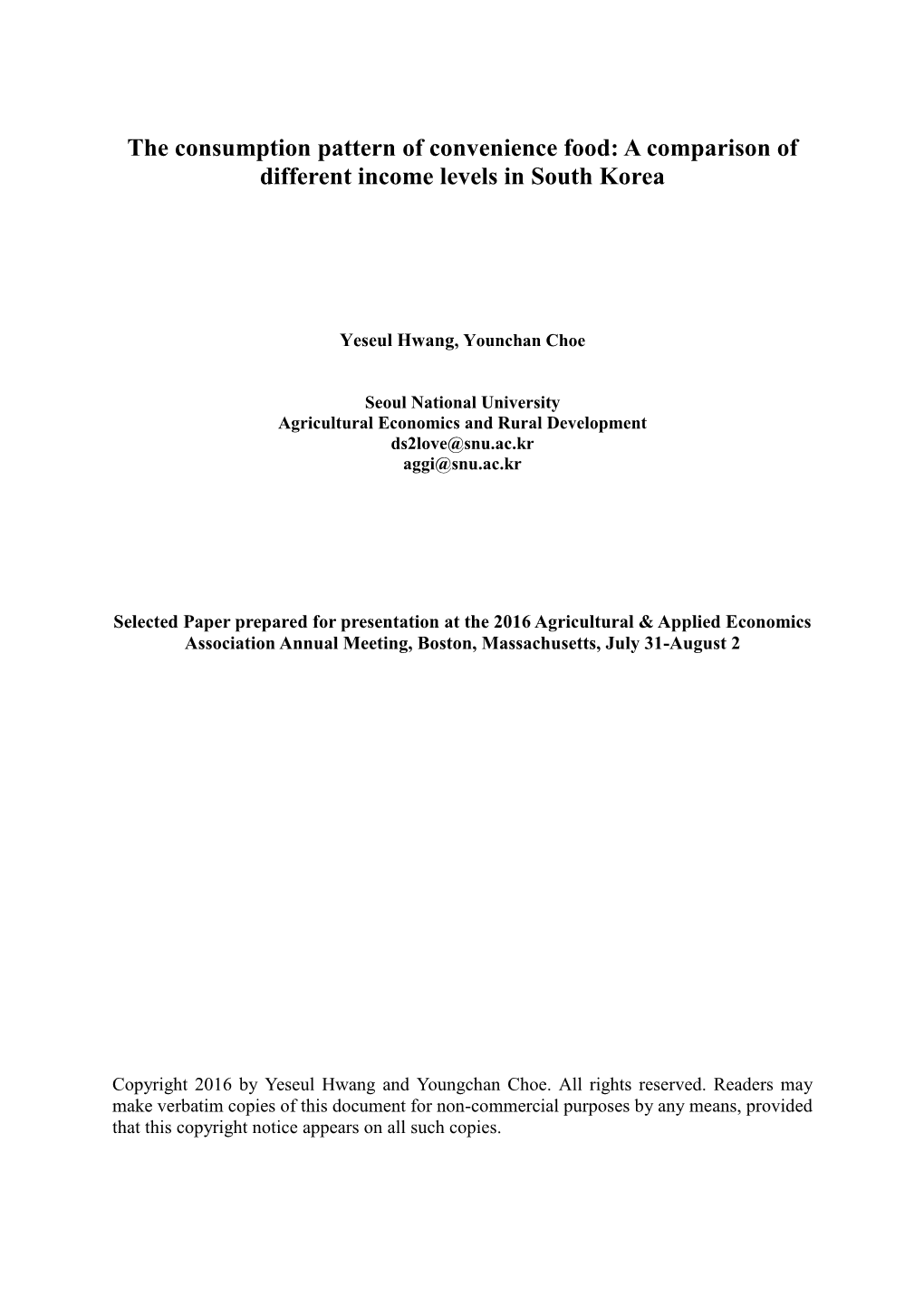 The Consumption Pattern of Convenience Food: a Comparison of Different Income Levels in South Korea