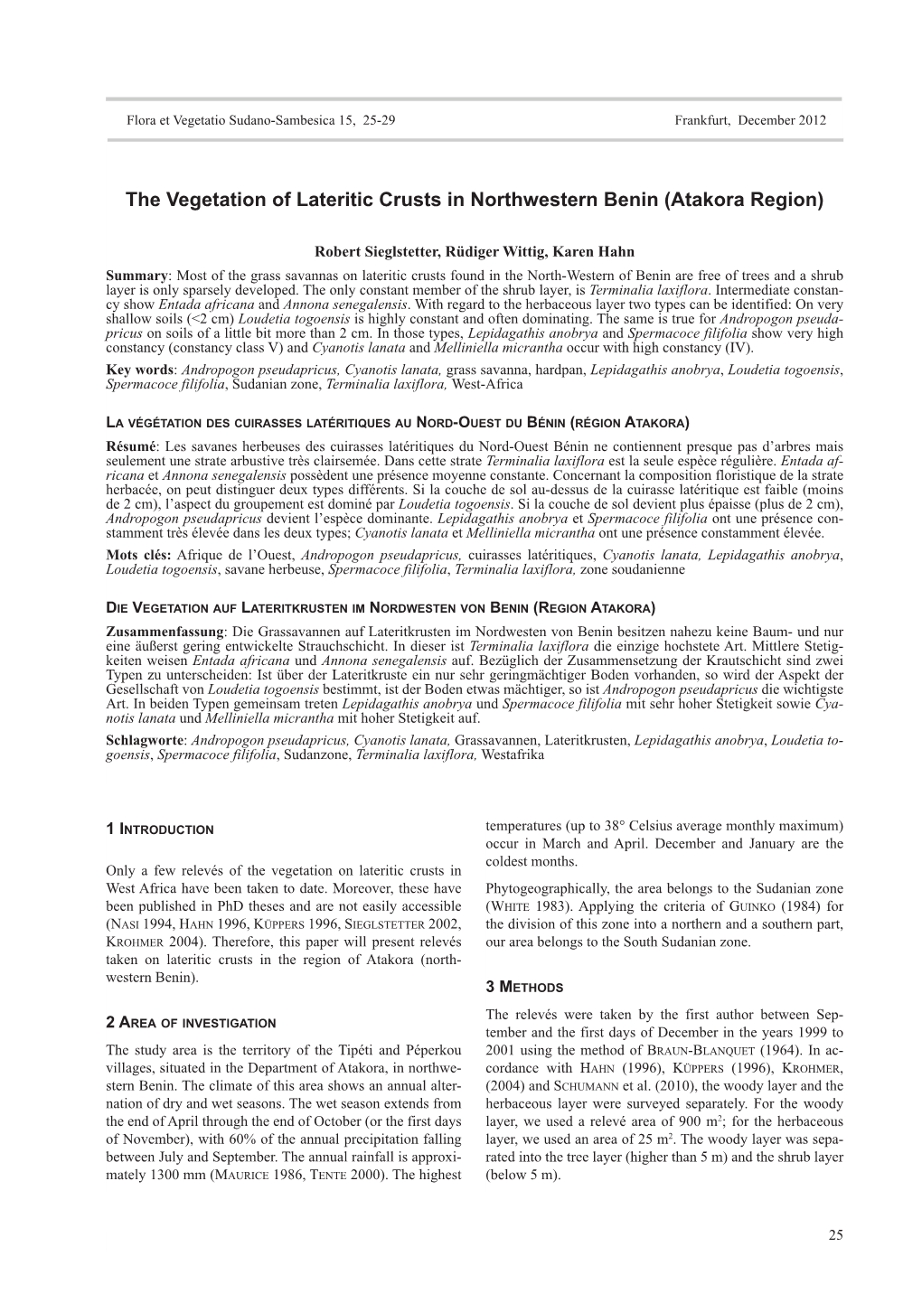 The Vegetation of Lateritic Crusts in Northwestern Benin (Atakora Region)