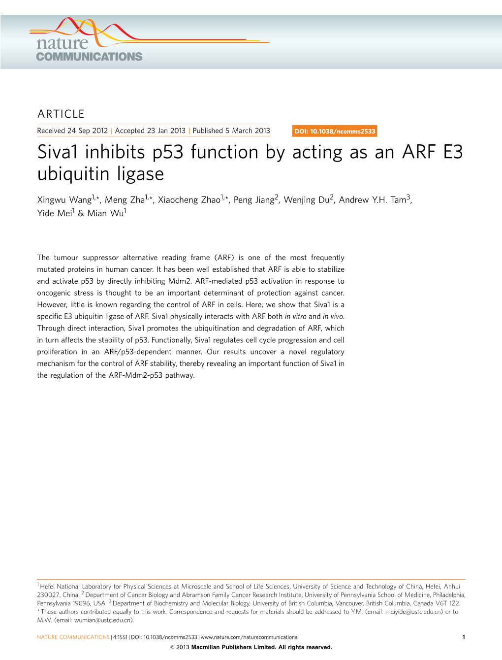 Siva1 Inhibits P53 Function by Acting As an ARF E3 Ubiquitin Ligase