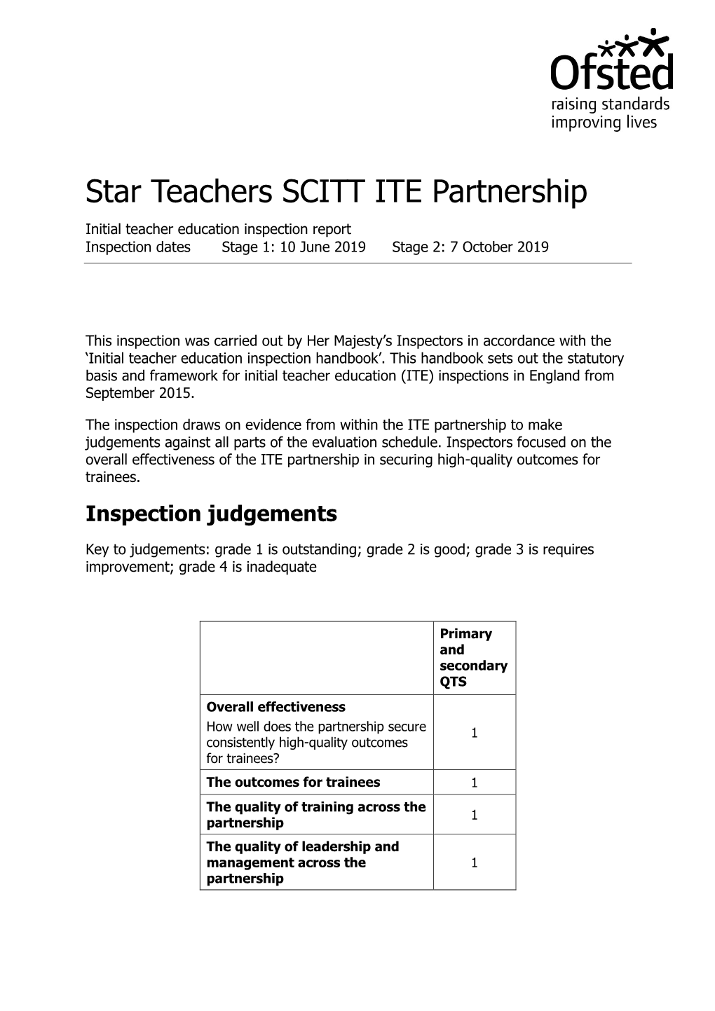 Star Teachers SCITT ITE Partnership Initial Teacher Education Inspection Report Inspection Dates Stage 1: 10 June 2019 Stage 2: 7 October 2019