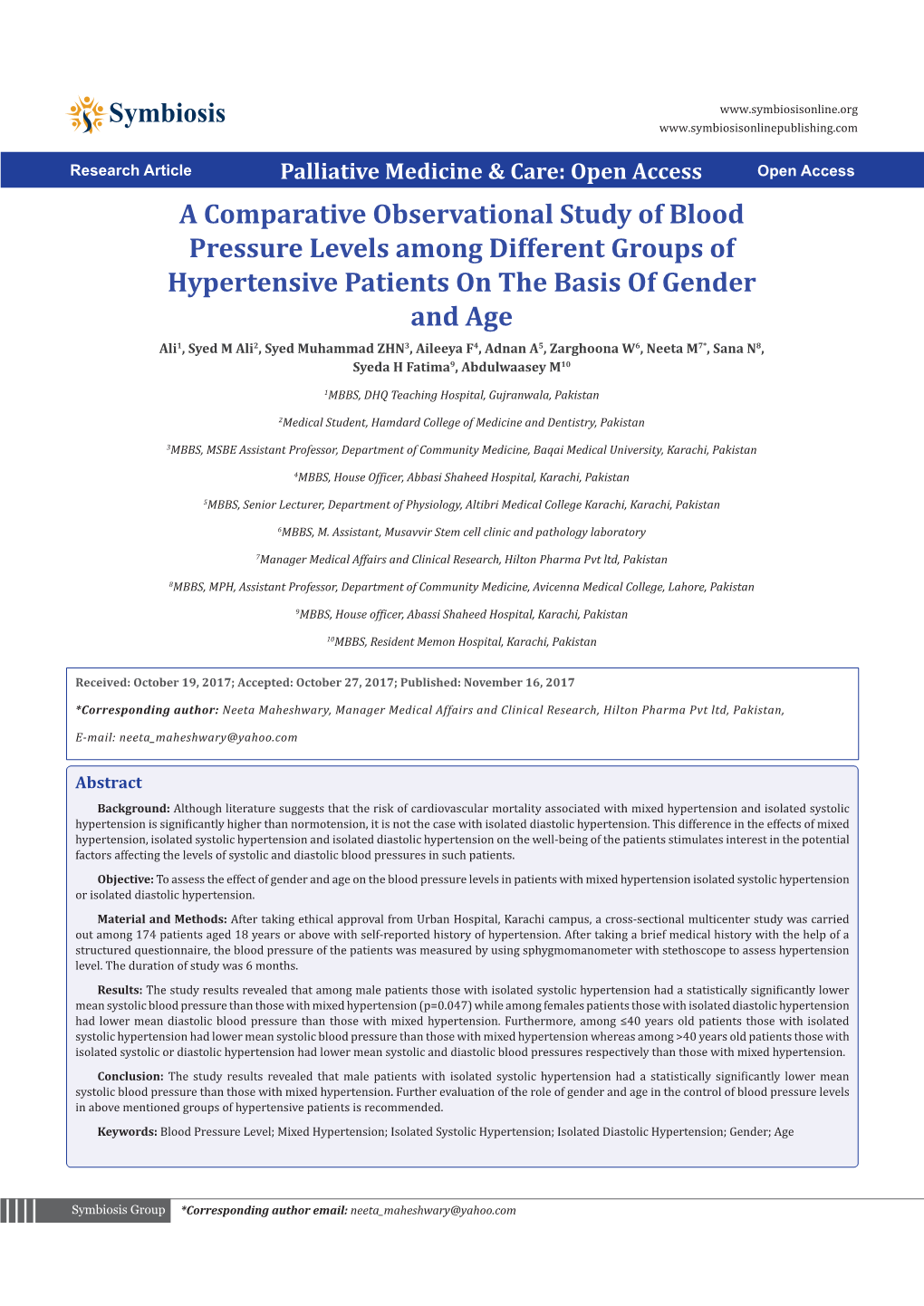 A Comparative Observational Study of Blood Pressure Levels Among