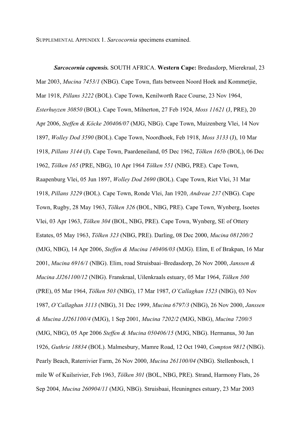 SUPPLEMENTAL APPENDIX 1. Sarcocornia Specimens Examined