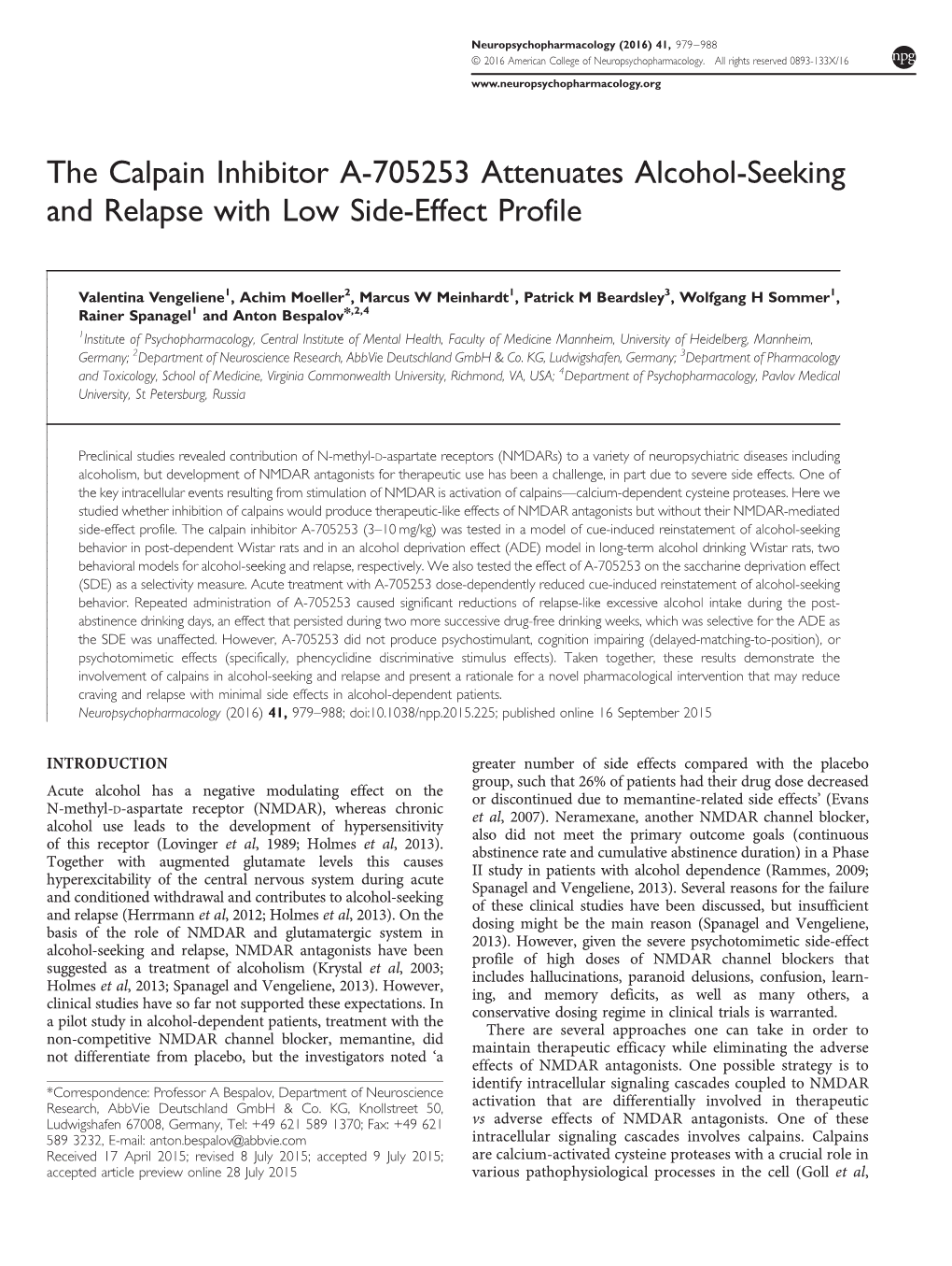 The Calpain Inhibitor A-705253 Attenuates Alcohol-Seeking and Relapse with Low Side-Effect Profile