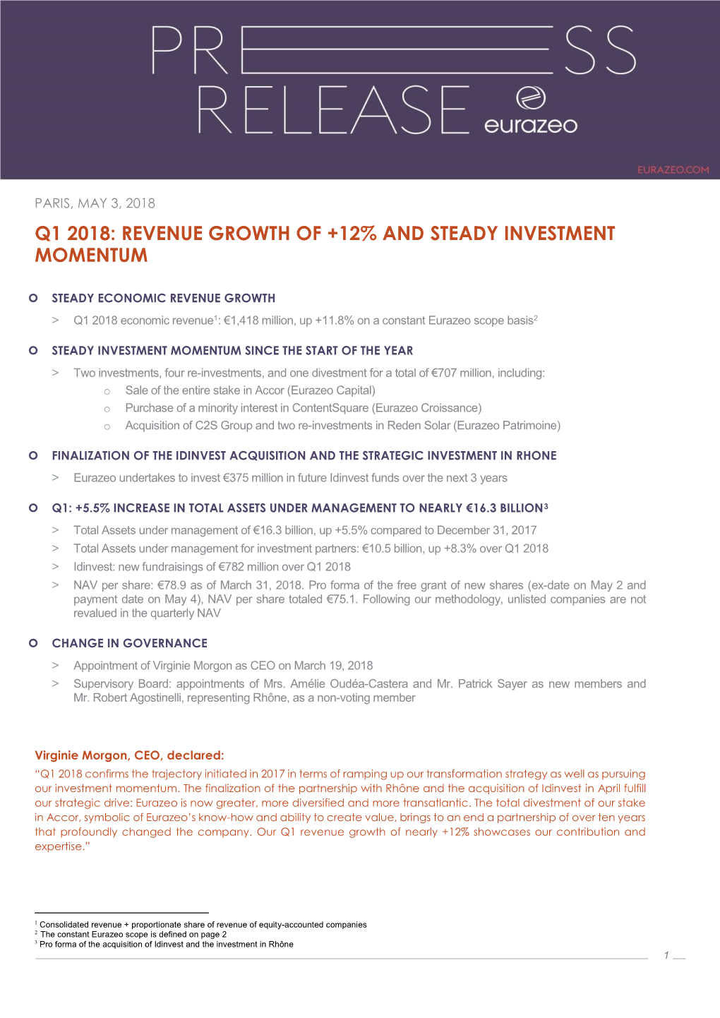 Q1 2018: Revenue Growth of +12% and Steady Investment Momentum