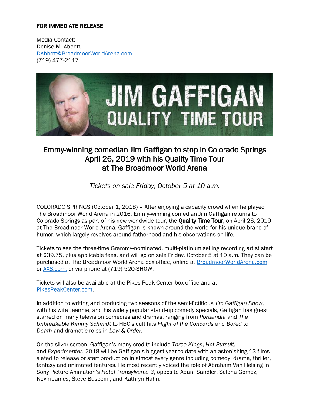 Emmy-Winning Comedian Jim Gaffigan to Stop in Colorado Springs April 26, 2019 with His Quality Time Tour at the Broadmoor World Arena