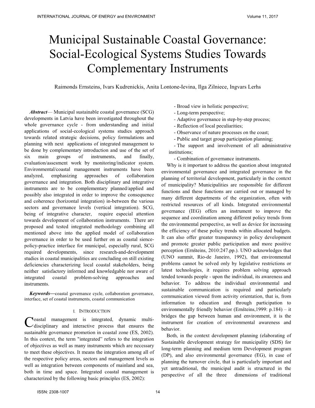 Municipal Sustainable Coastal Governance: Social-Ecological Systems Studies Towards Complementary Instruments