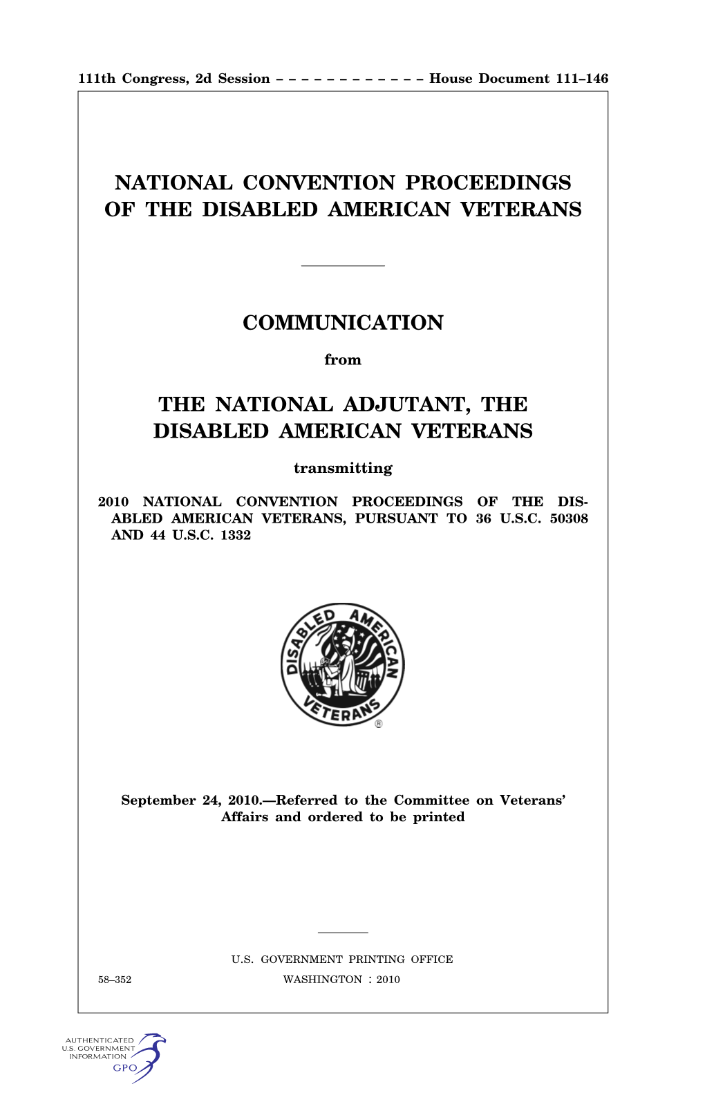 National Convention Proceedings of the Disabled American Veterans