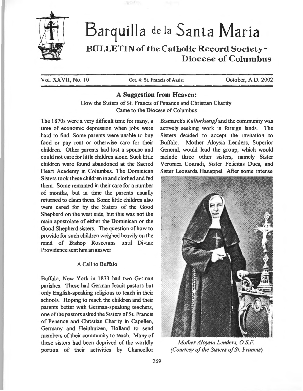 Barquilla De Ia Santa Maria BULLETIN of the Catholic Record Society­ Diocese of Columbus