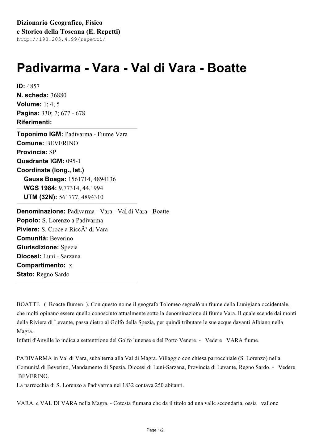 Padivarma - Vara - Val Di Vara - Boatte