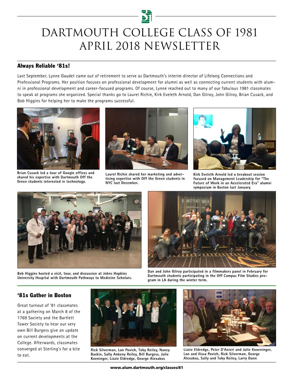 Dartmouth College Class of 1981 April 2018 Newsletter