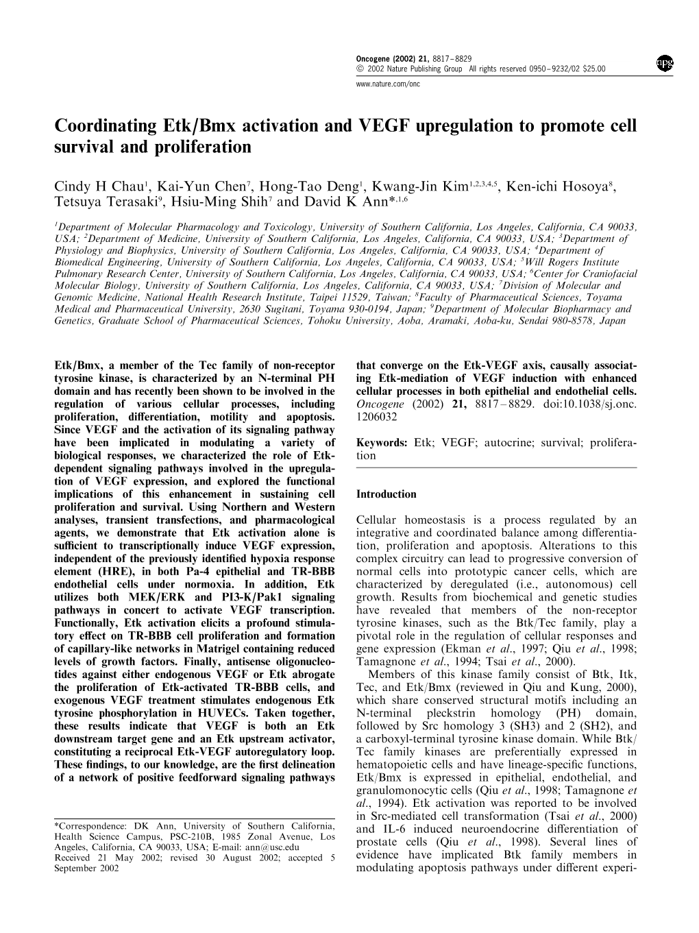 Coordinating Etk/Bmx Activation and VEGF Upregulation to Promote Cell Survival and Proliferation