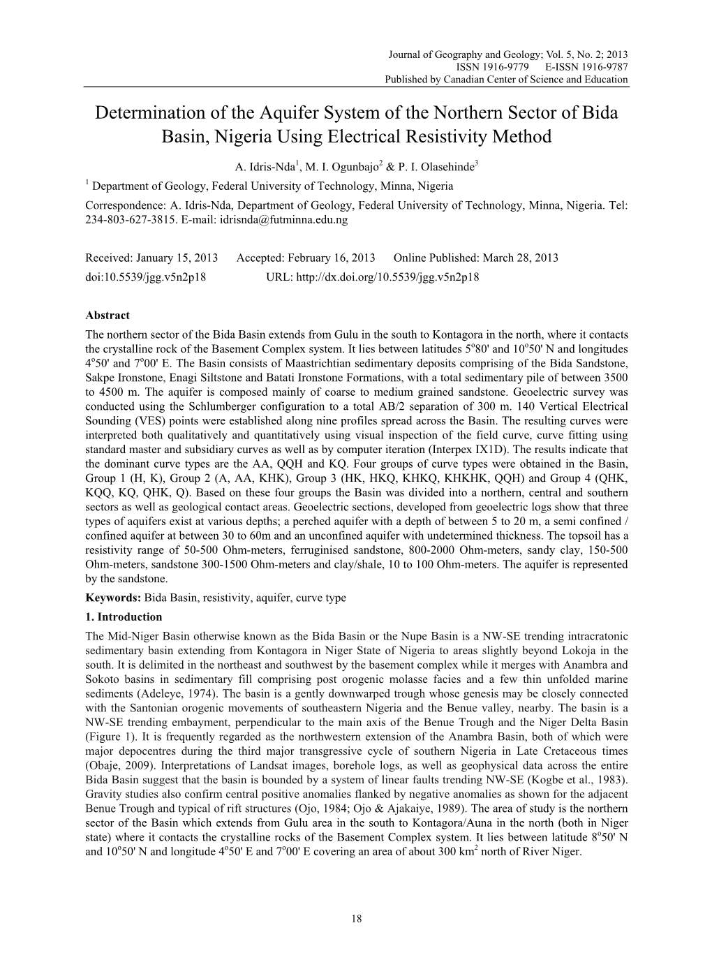 Determination of the Aquifer System of the Northern Sector of Bida Basin, Nigeria Using Electrical Resistivity Method