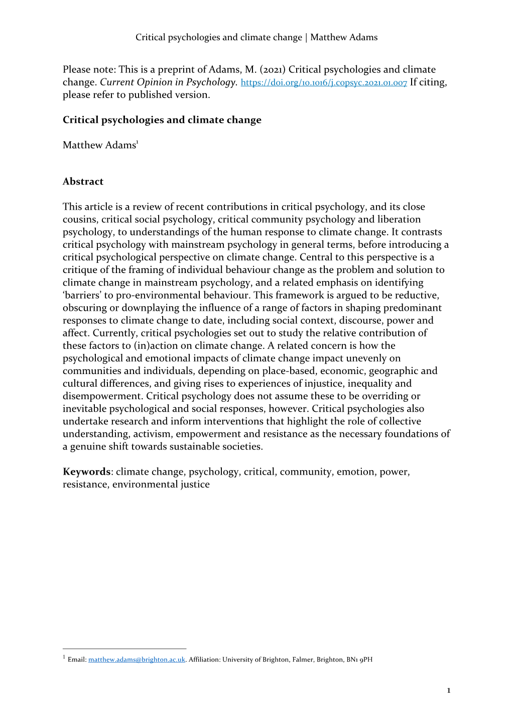 This Is a Preprint of Adams, M. (2021) Critical Psychologies and Climate Change