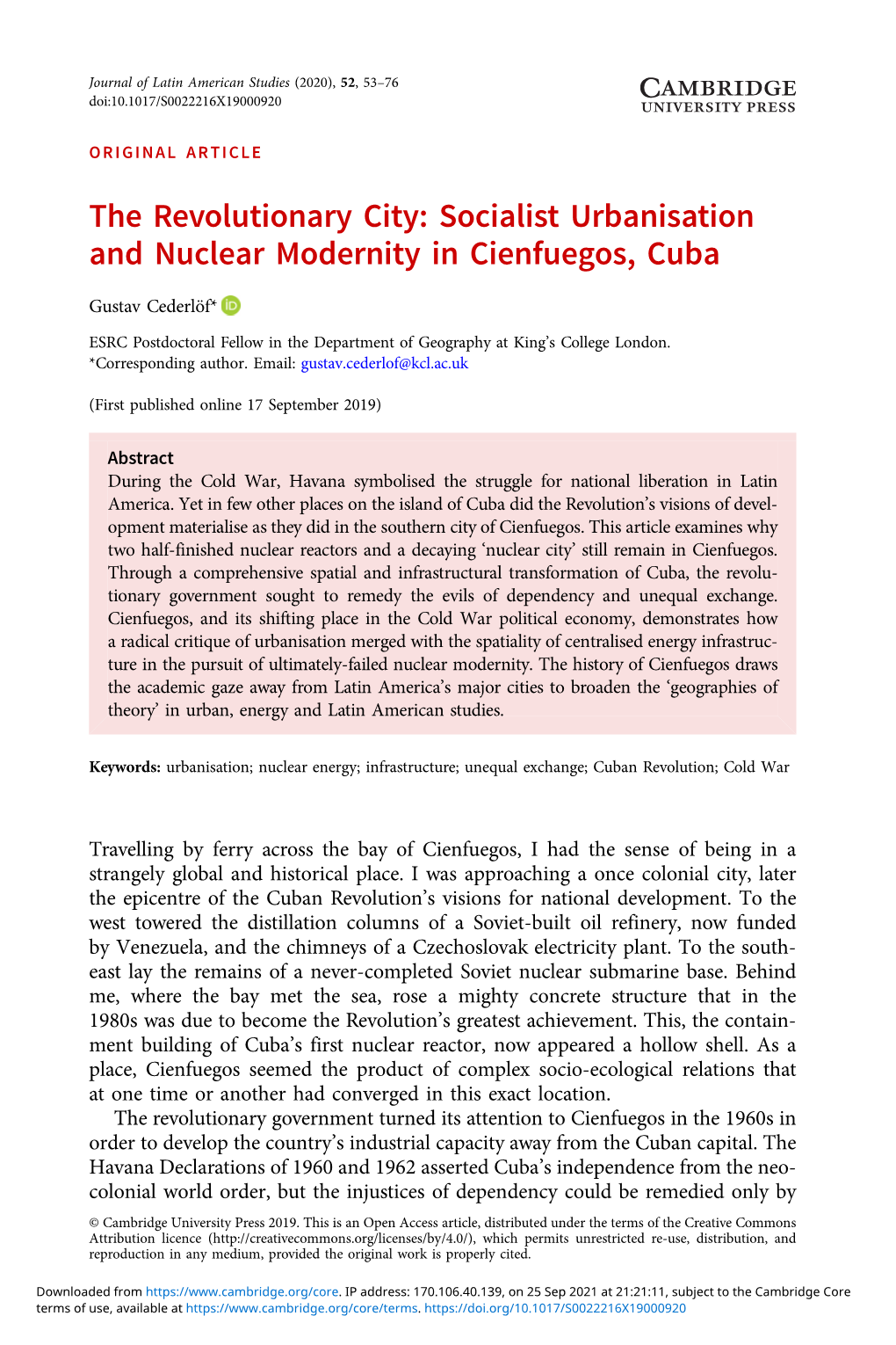 The Revolutionary City: Socialist Urbanisation and Nuclear Modernity in Cienfuegos, Cuba