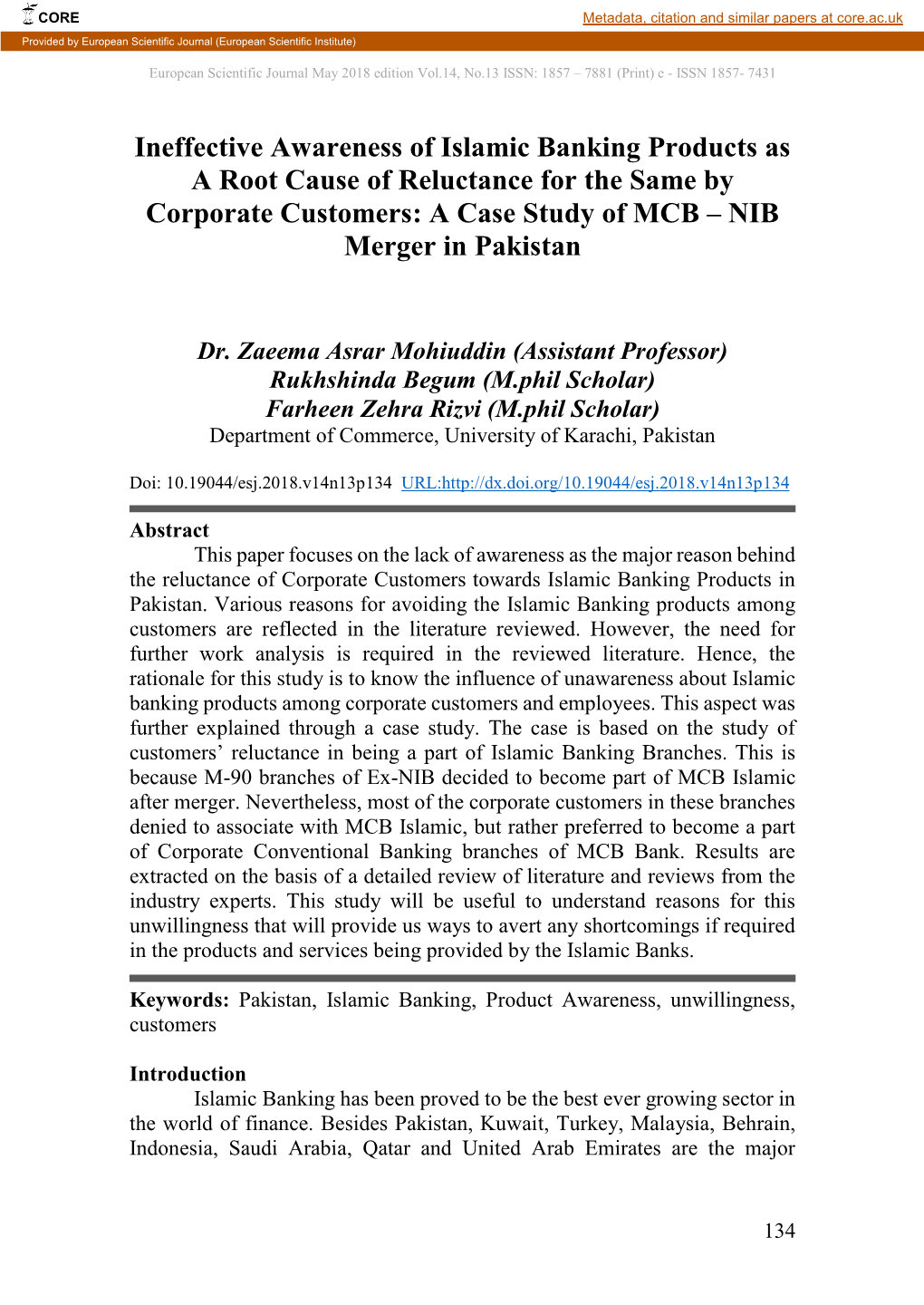 Ineffective Awareness of Islamic Banking Products As a Root Cause of Reluctance for the Same by Corporate Customers: a Case Study of MCB – NIB Merger in Pakistan