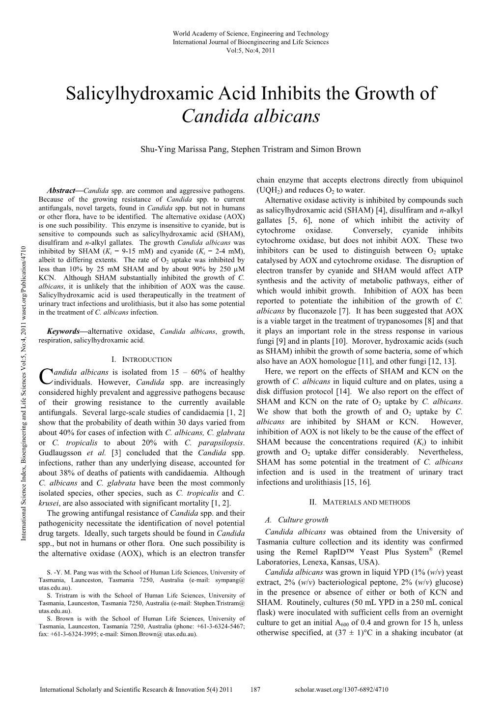 Salicylhydroxamic Acid Inhibits the Growth of Candida Albicans