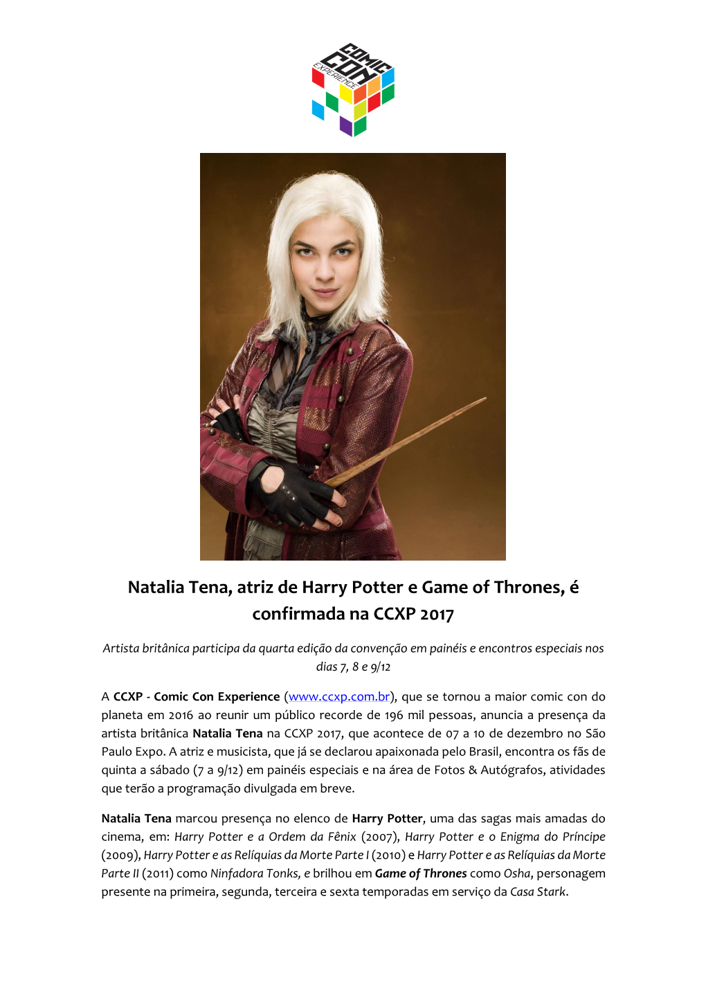 Natalia Tena, Atriz De Harry Potter E Game of Thrones, É Confirmada Na CCXP 2017