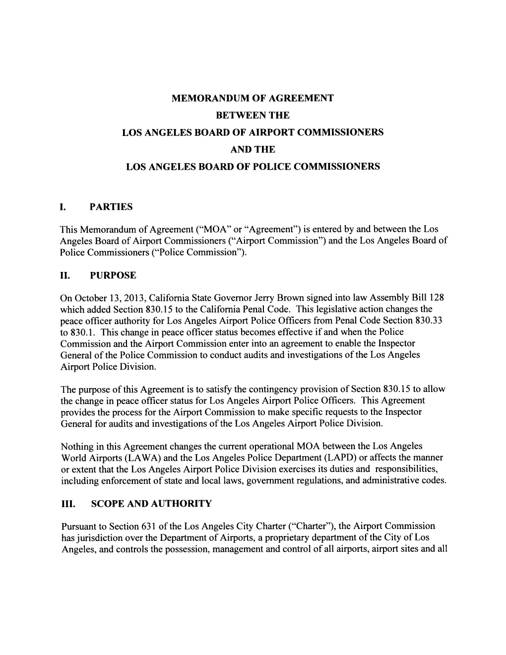 Memorandum of Agreement Between the Los Angeles Board of Airport Commissioners and the Los Angeles Board of Police Commissioners