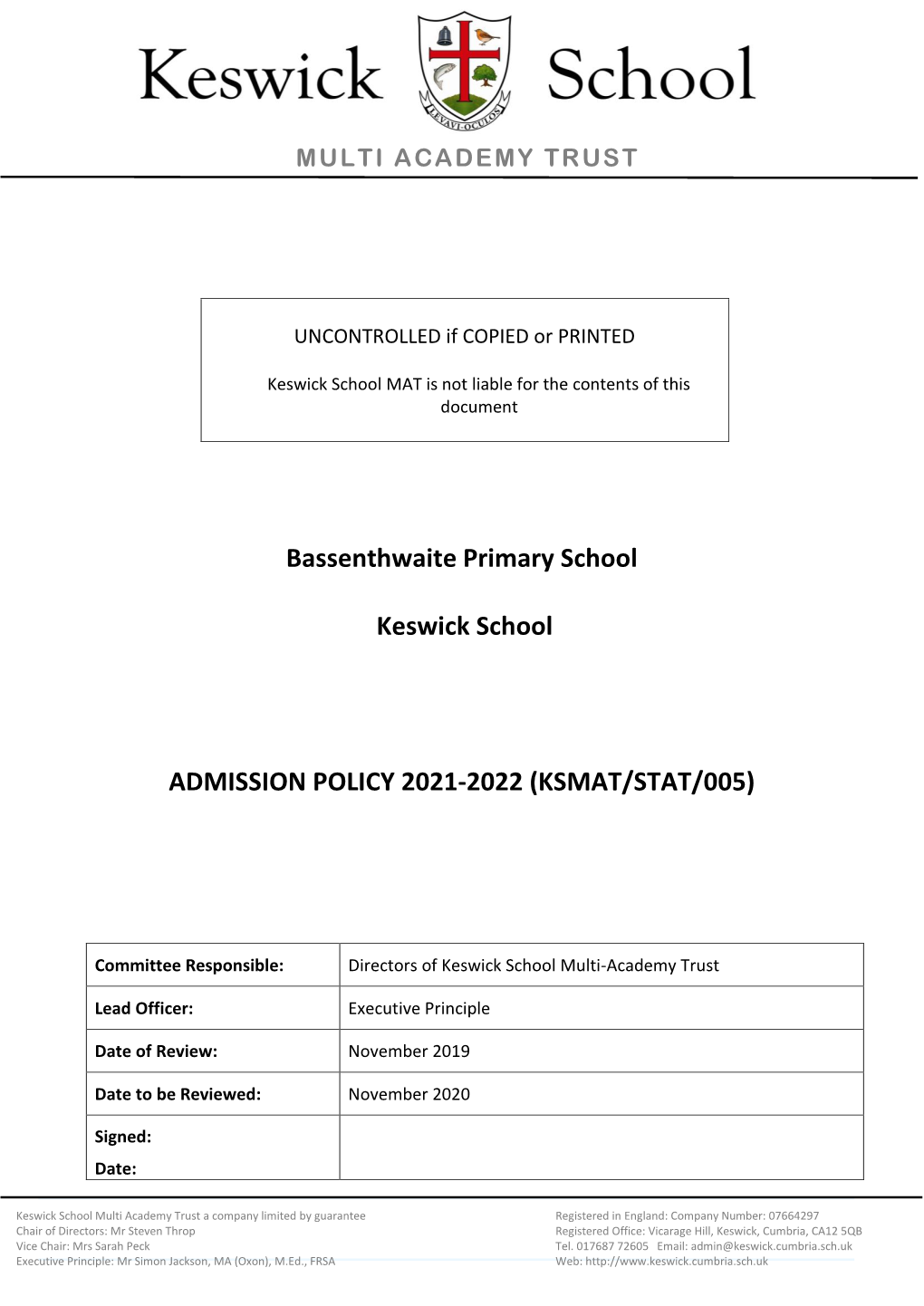 Bassenthwaite Primary School Keswick School ADMISSION