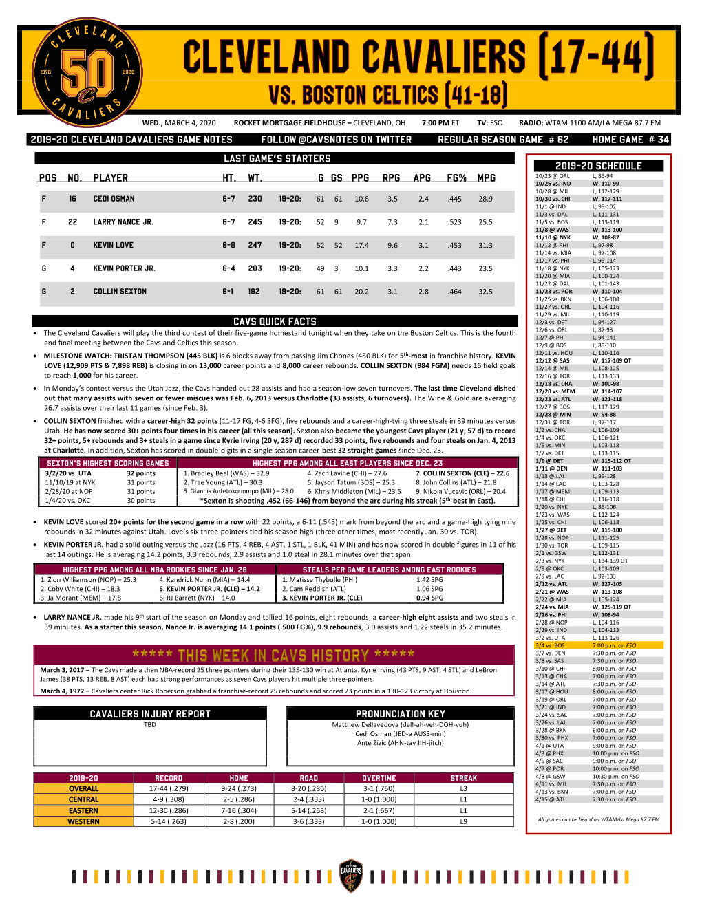 2019-20 Cleveland Cavaliers Game Notes Follow @Cavsnotes on Twitter Regular Season Game # 62 Home Game # 34