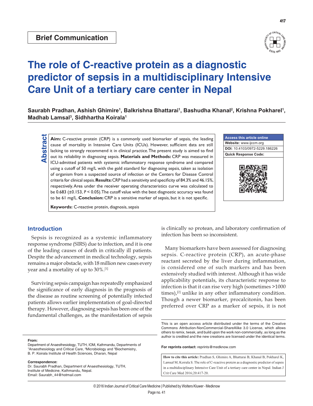 The Role of C‑Reactive Protein As a Diagnostic Predictor of Sepsis in a Multidisciplinary Intensive Care Unit of a Tertiary Care Center in Nepal