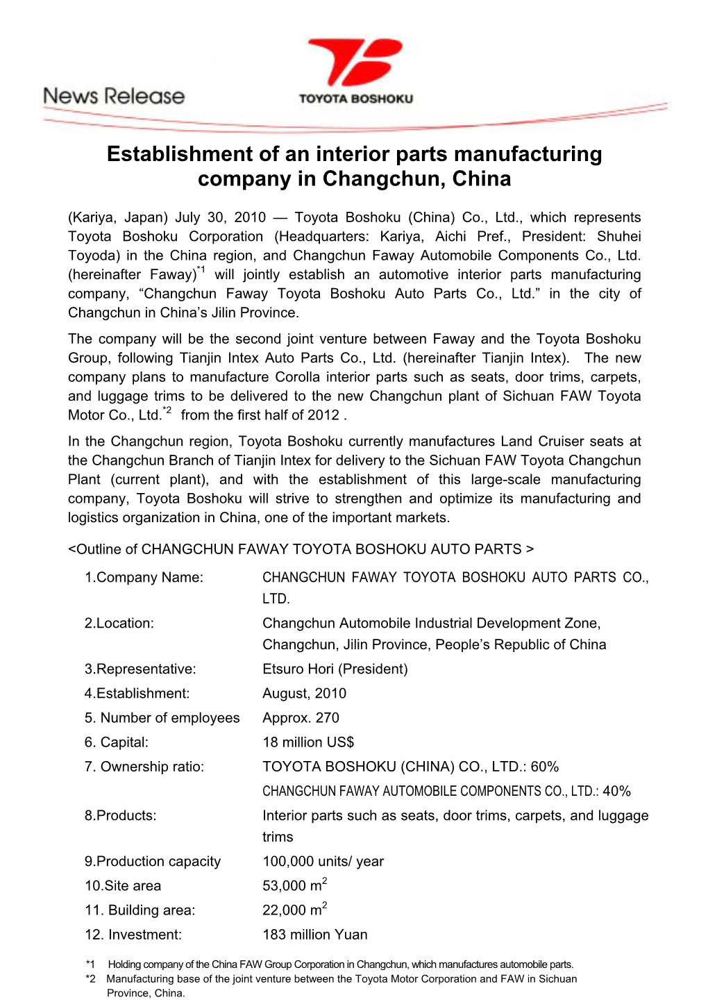 Establishment of an Interior Parts Manufacturing Company in Changchun, China