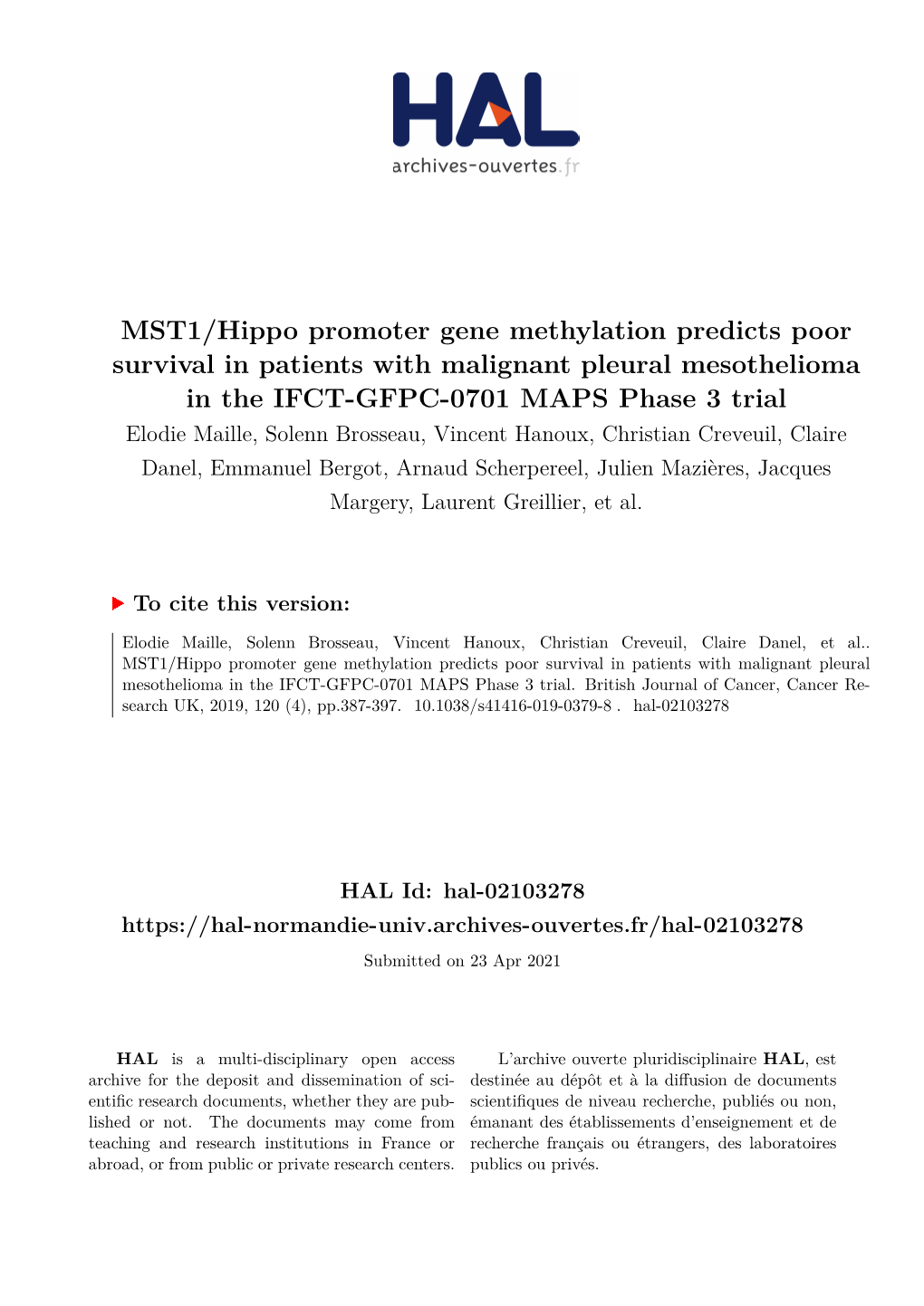 MST1/Hippo Promoter Gene Methylation Predicts Poor Survival In