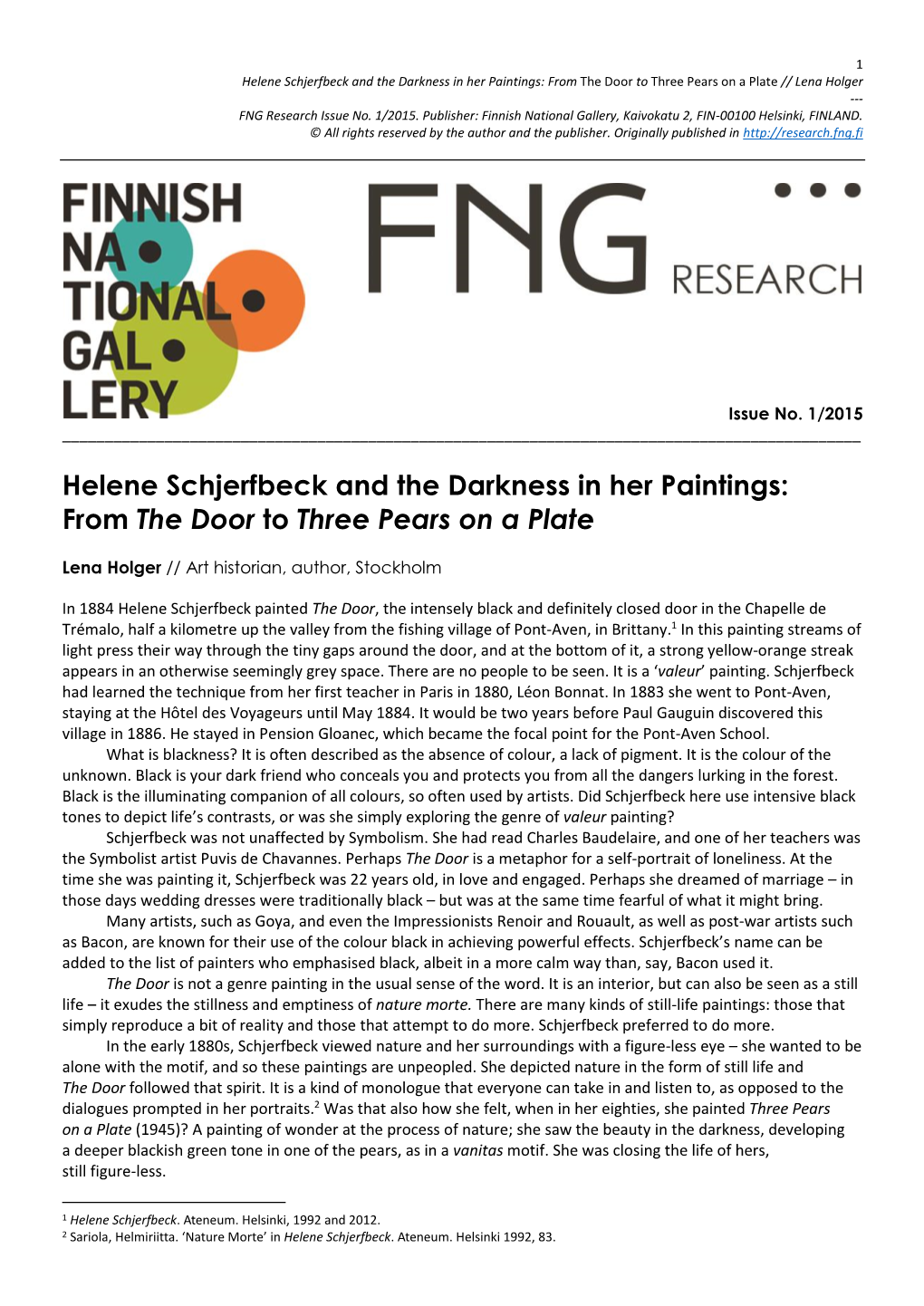 Helene Schjerfbeck and the Darkness in Her Paintings: from the Door to Three Pears on a Plate // Lena Holger --- FNG Research Issue No