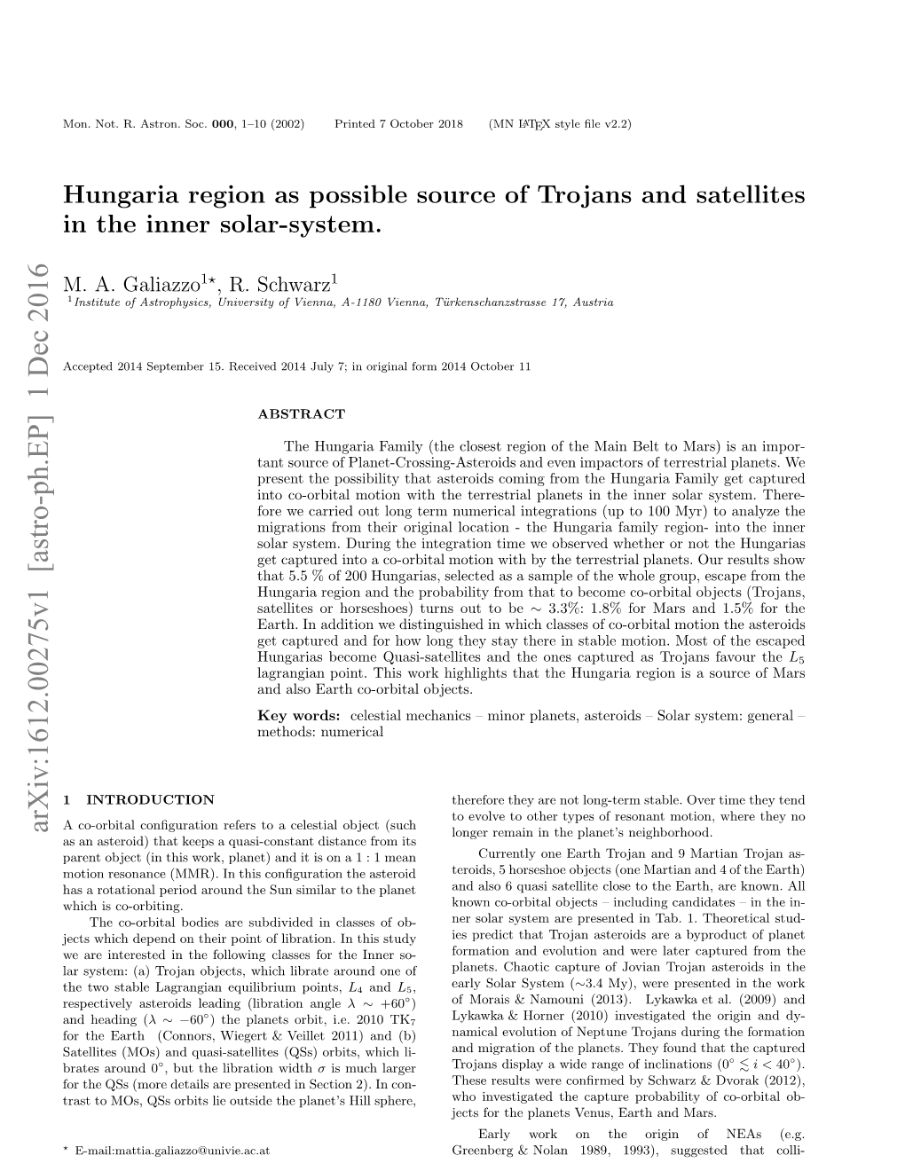 Hungaria Region As Possible Source of Trojans and Satellites in the Inner