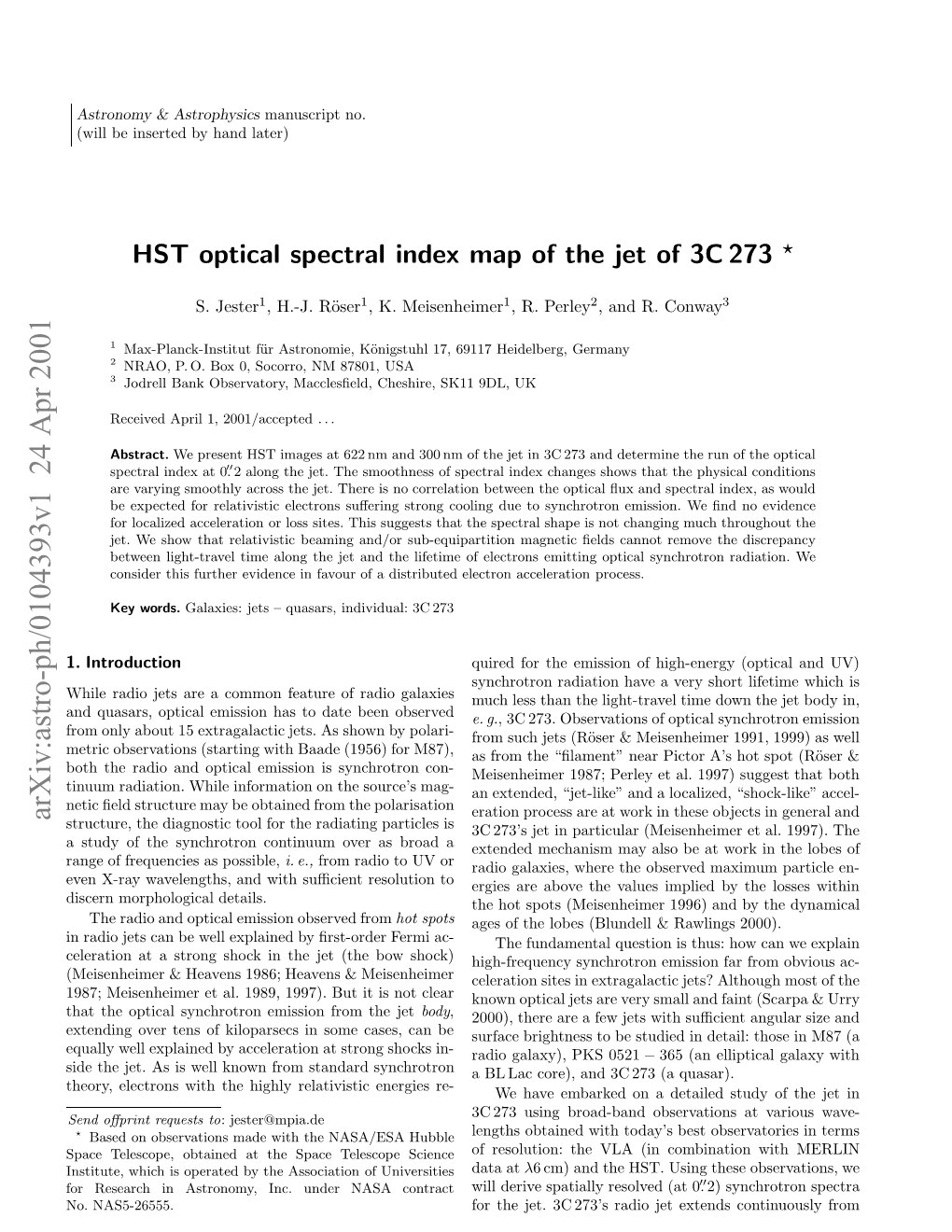 HST Optical Spectral Index Map of the Jet of 3C 273