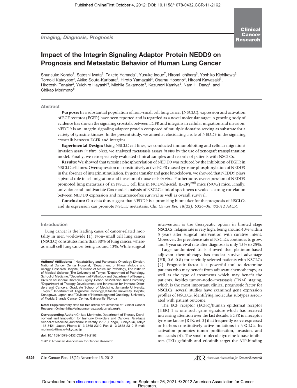 Impact of the Integrin Signaling Adaptor Protein NEDD9 on Prognosis and Metastatic Behavior of Human Lung Cancer