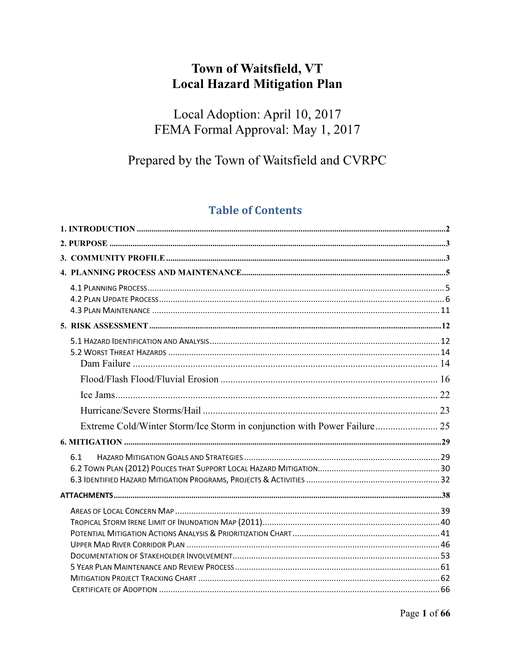 Waitsfield Hazard Mitigation Plan 2017