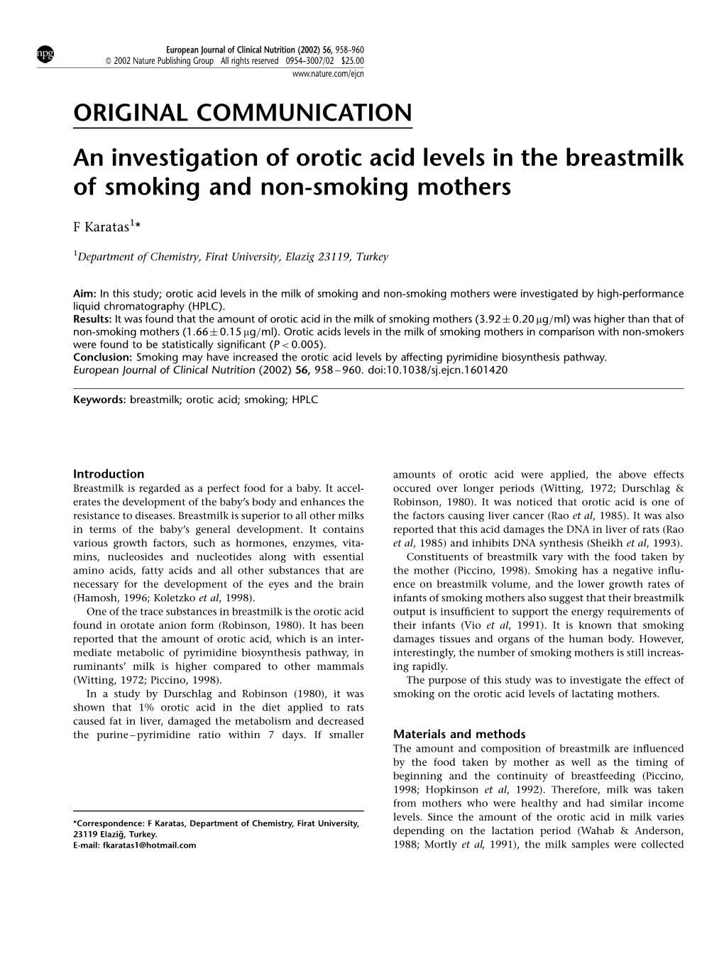 An Investigation of Orotic Acid Levels in the Breastmilk of Smoking and Non-Smoking Mothers