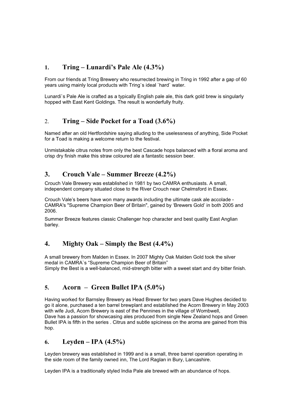 Beer Fest Notes for Old Red Lion Kensworth