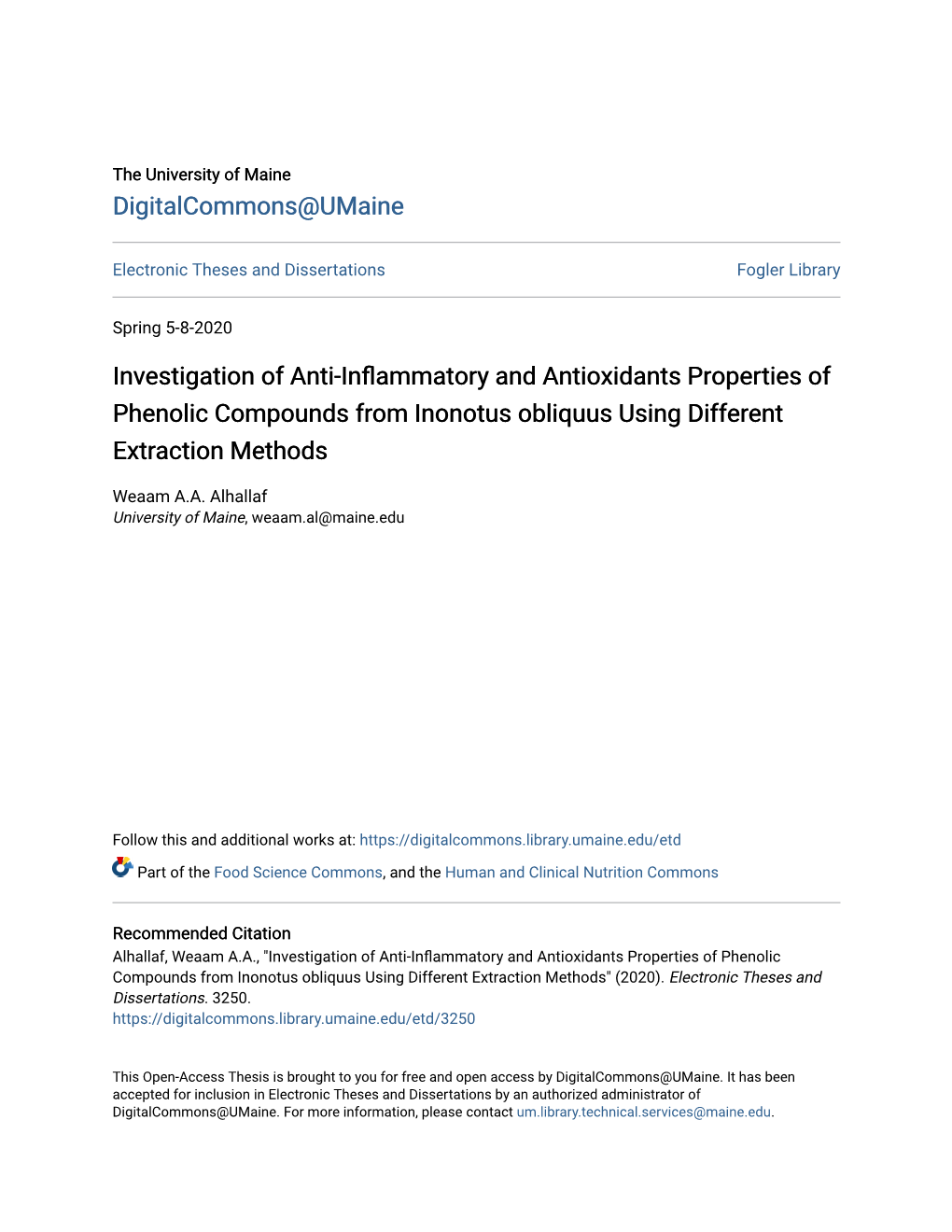 Investigation of Anti-Inflammatory and Antioxidants Properties of Phenolic Compounds from Inonotus Obliquus Using Different Extraction Methods