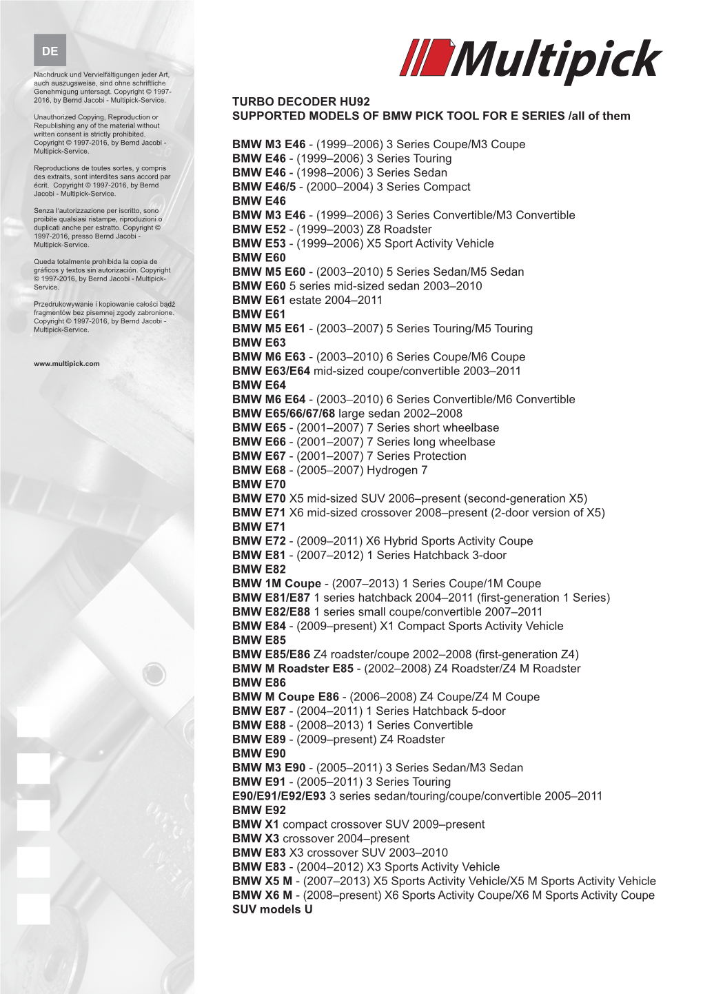 De Turbo Decoder Hu92 Supported Models of Bmw