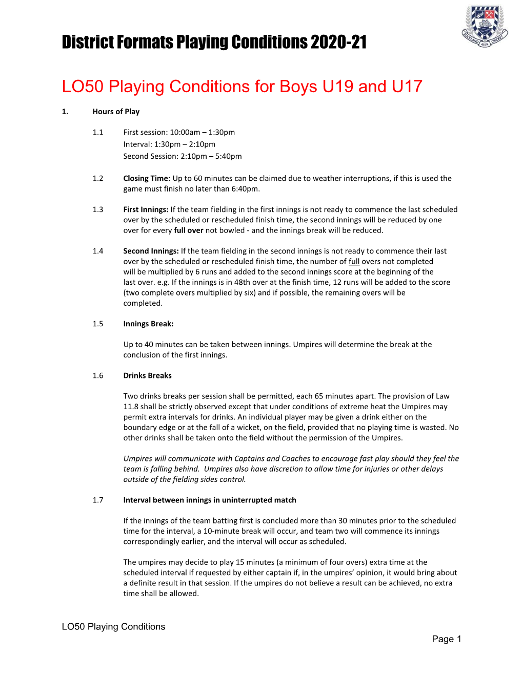 District Formats Playing Conditions 2020-21 LO50