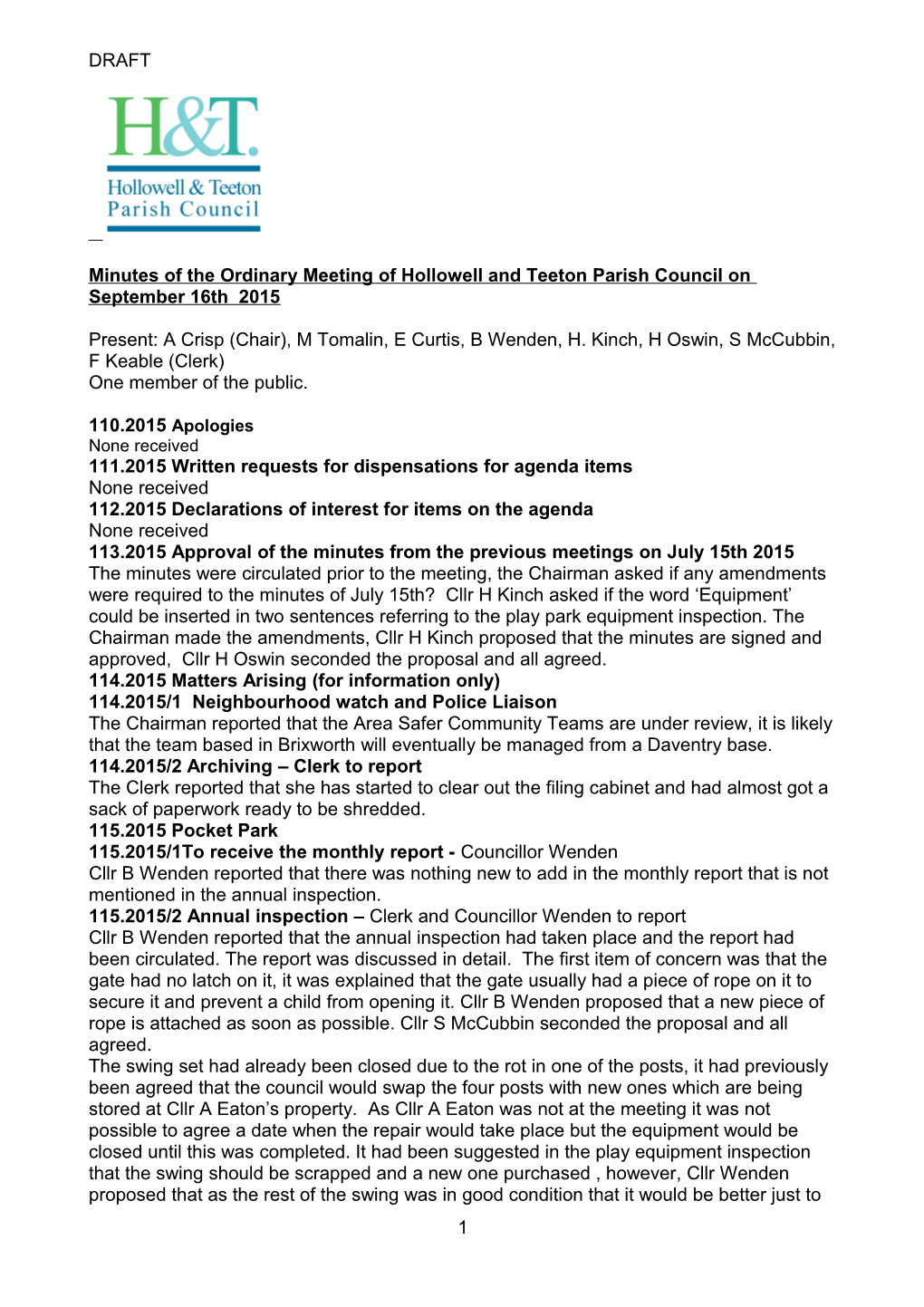 Minutes of the Annual Parish Council Meeting of Hollowell & Teeton Parish Council Held s1